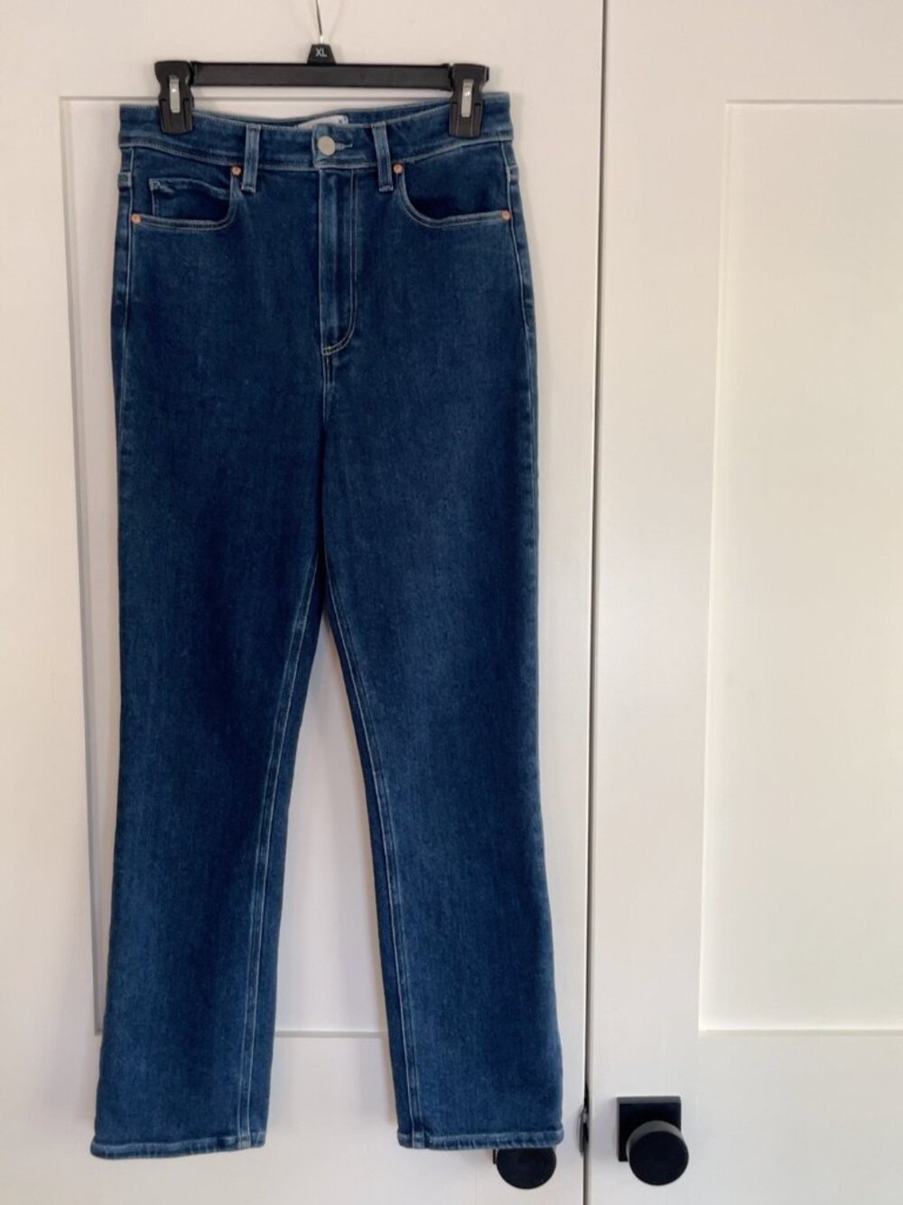 PAIGE High Rise Cindy straight-leg jeans in a medium-dark blue wash, size 28